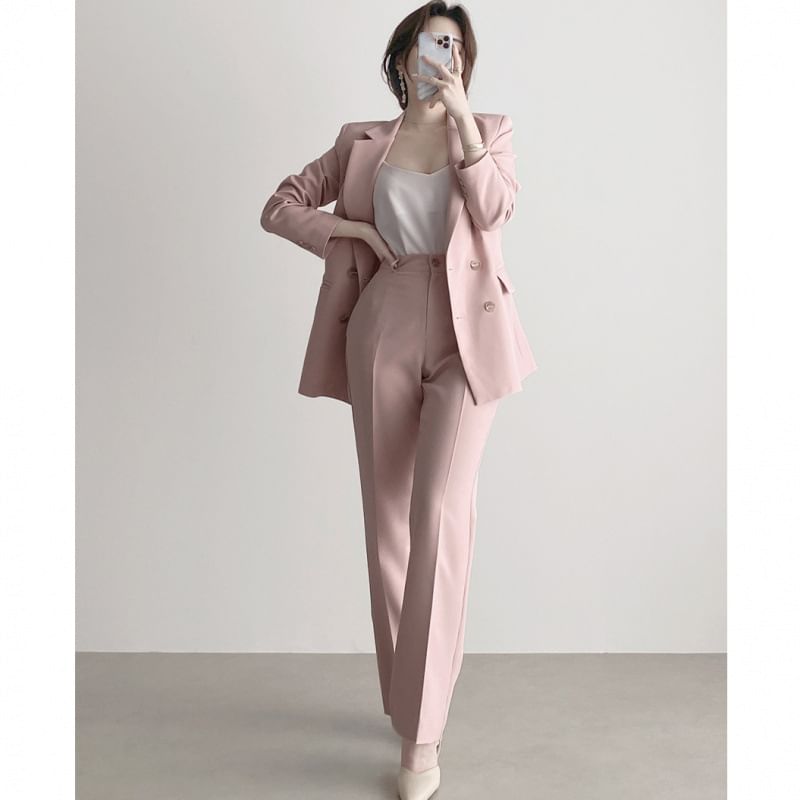 Yilda - Set: Dubbelrijs effen blazer + pantalon