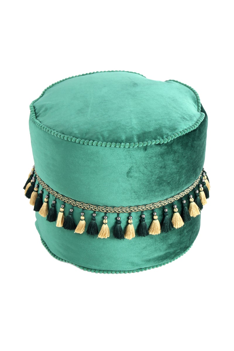 Poefkruk, fluweelzacht, gedecoreerd, groen, rond, Ø 45 cm