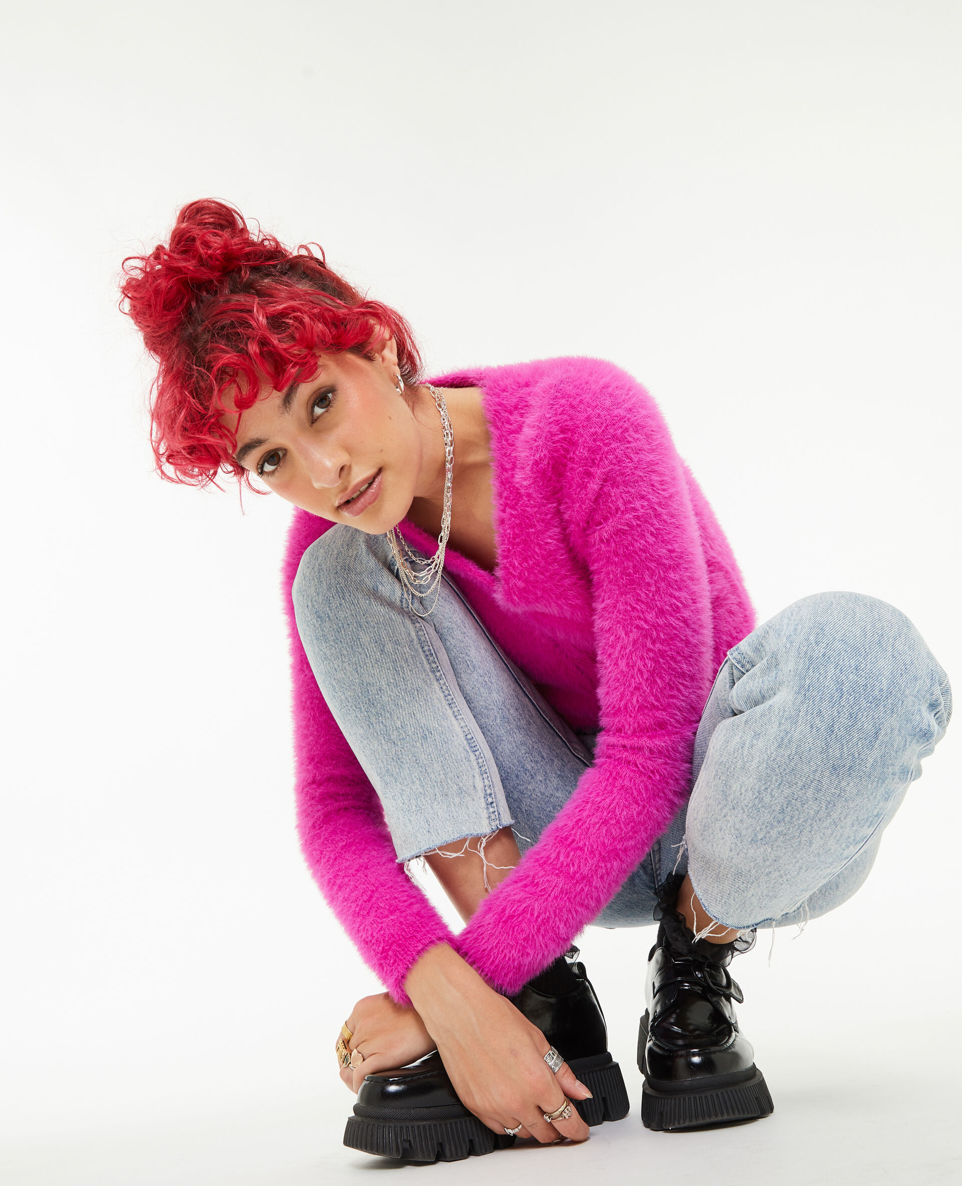 Gilet court en maille poilue - Rose