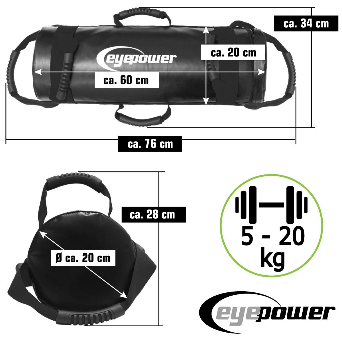 20kg Power Bag mit 4 Kettlebell Gewichten - 20x60 Home Training Sandbag 6 Griffe