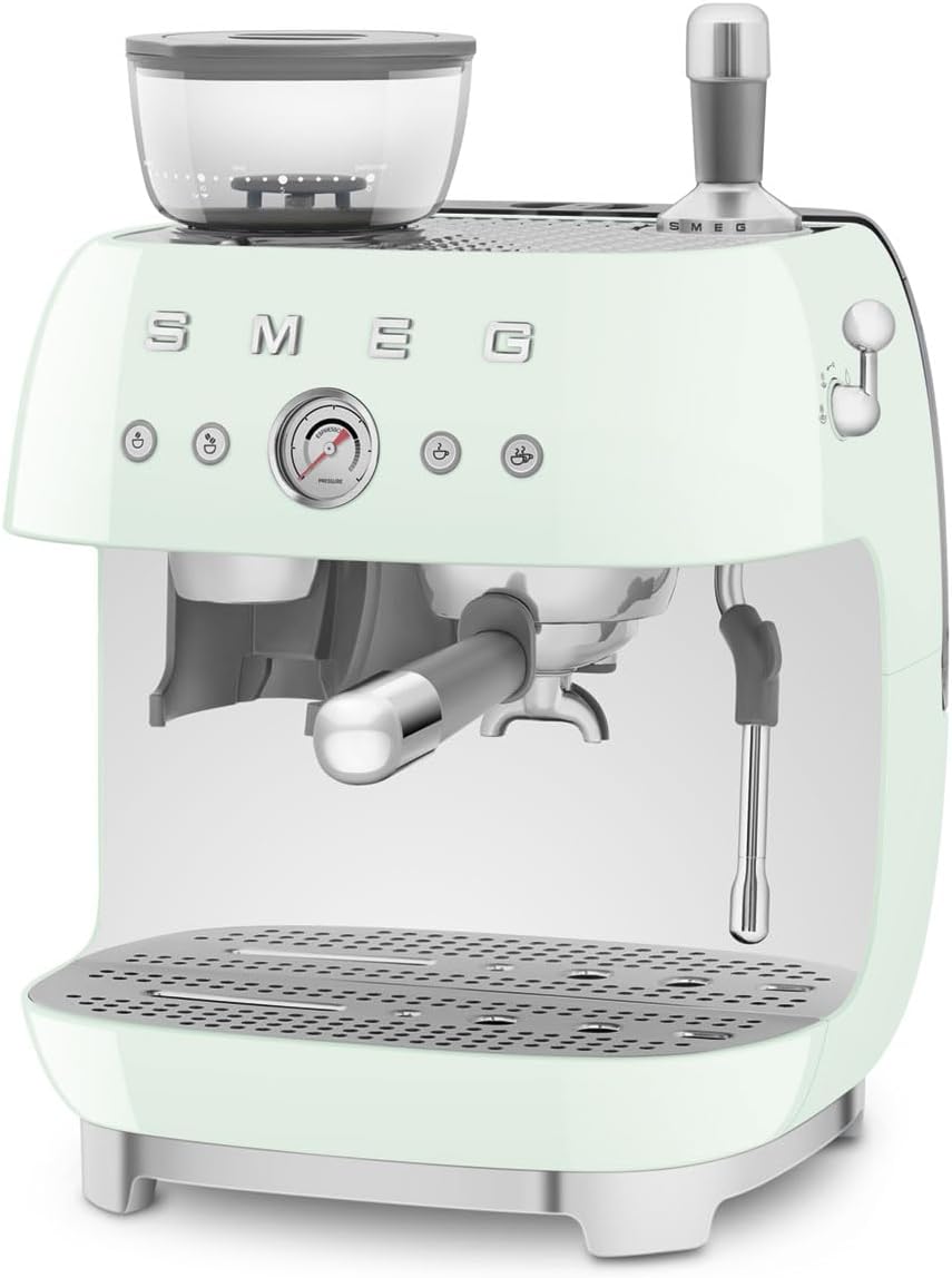 Smeg, Machine à Café Expresso Manuelle EGF03CREU, avec Broyeur à Grain Intégré, Thermoblock, 4 Niveaux de Température, Buse Vapeur et Manomètre, Réservoir 1 L, Dimensions Compactes, 1350W, Crème
