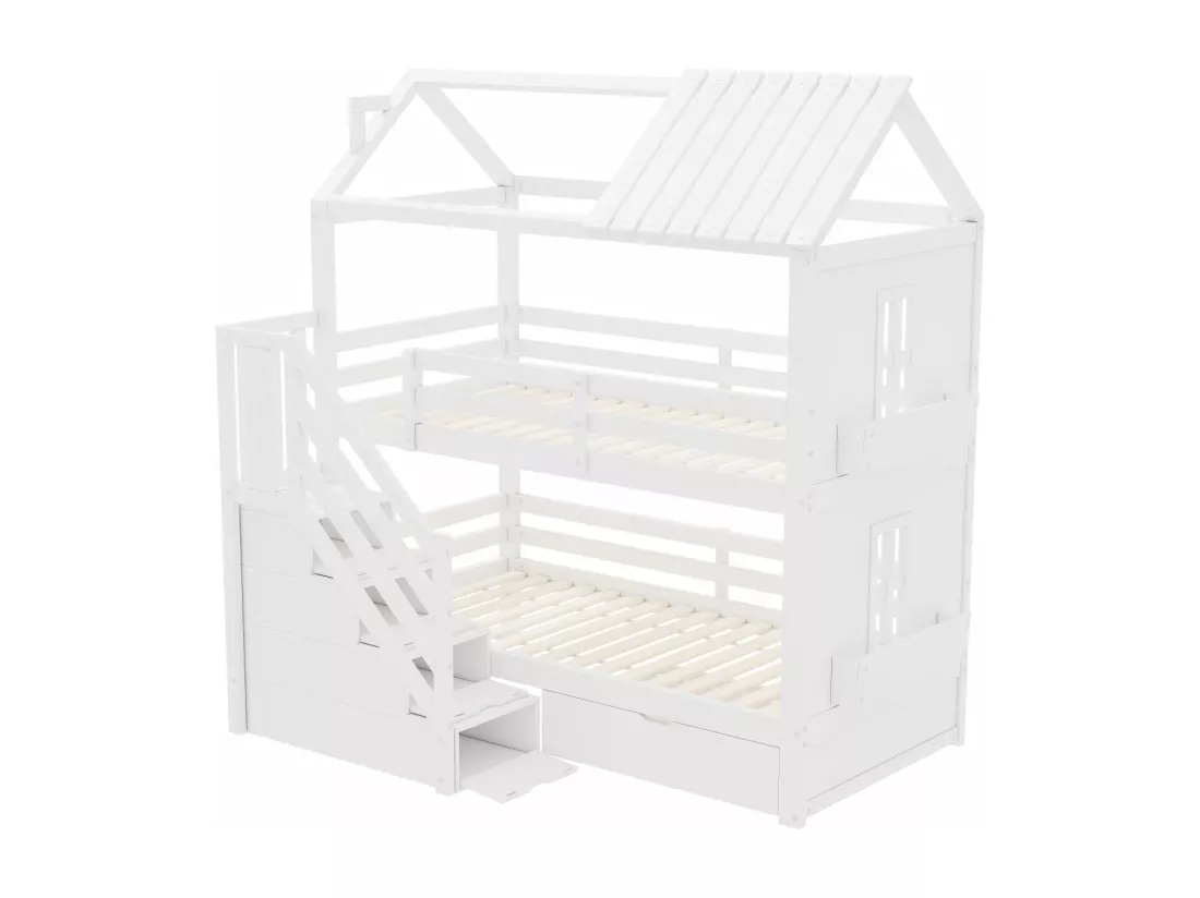 Lits superposés cabane, 2x90x200cm, avec espace de rangement escaliers et tiroirs et étagères