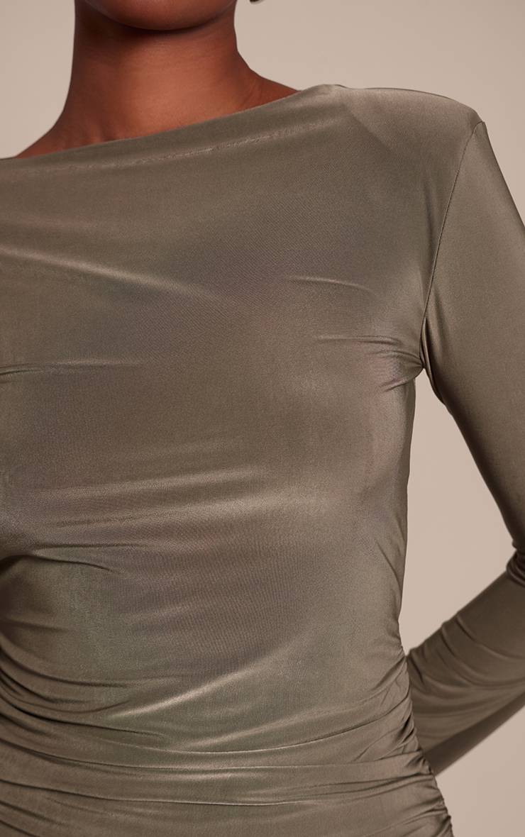 Kaki Haut À Manches Longues En Tissu Slinky Double Épaisseur Avec Détail Aux Épaules