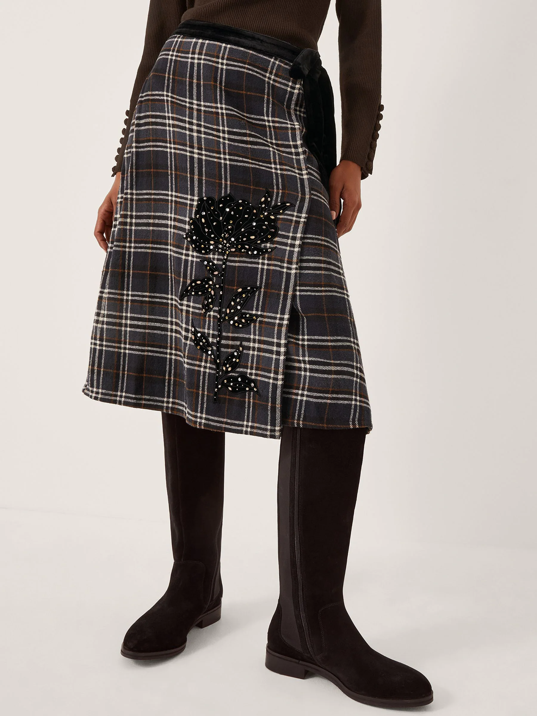Monsoon Rue Embellished Tartan Wrap Midi Skirt
