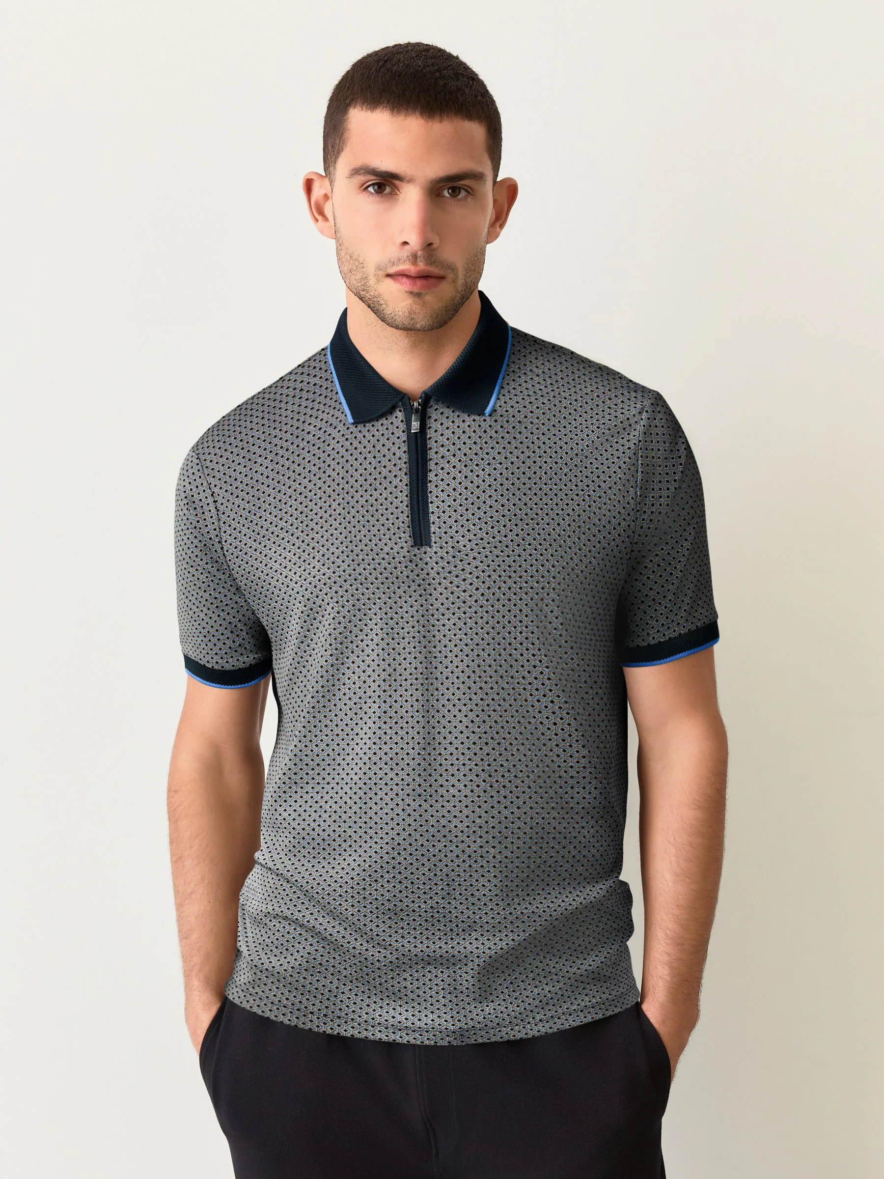 Blue marineblauw met geometrisch motief - Pattern Quarter Zip Polo Shirt