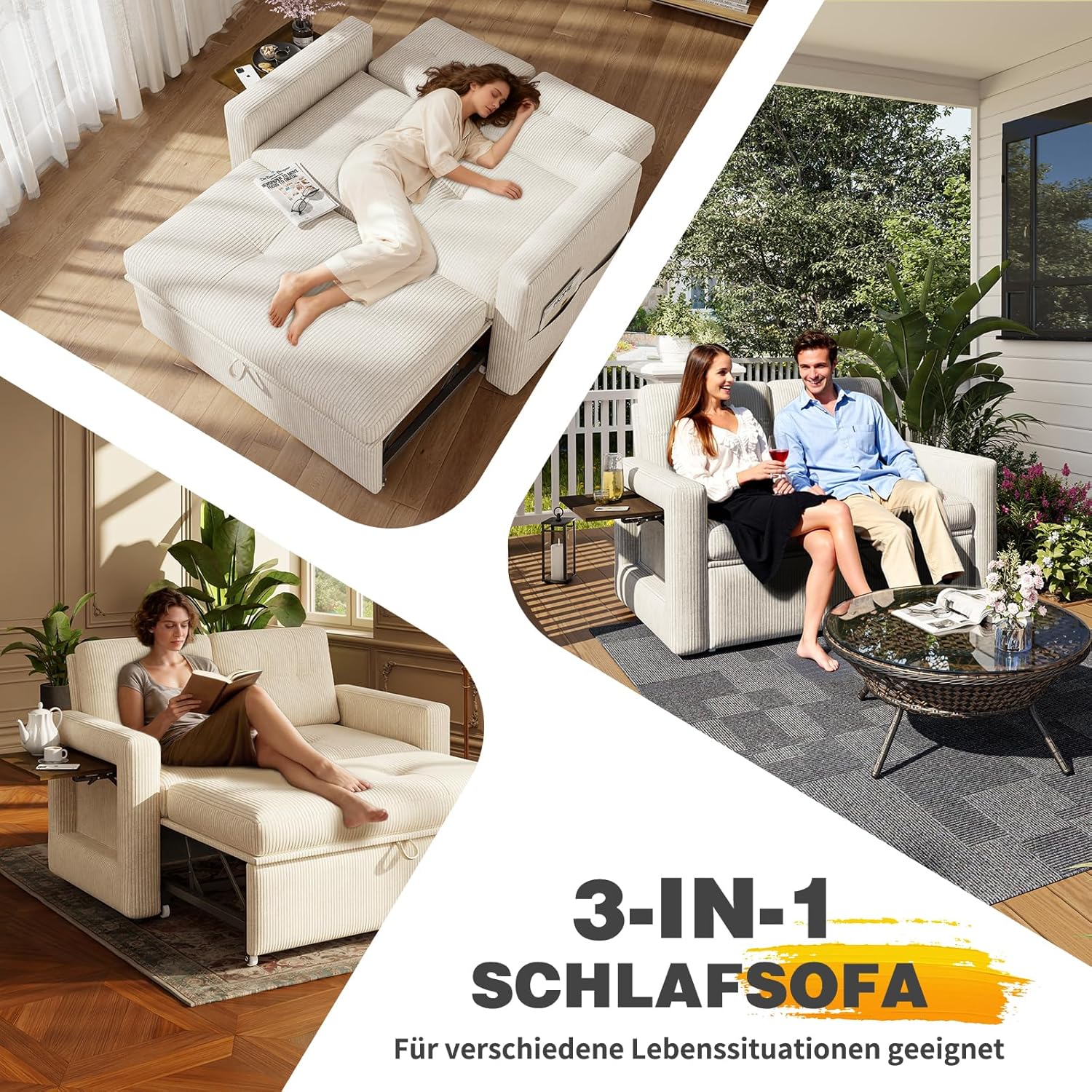 YOUDENOVA Sofa mit Schlaffunktion, Schlafsofa mit 5-stufig Verstellbarer Rückenlehne, Schlafcouch mit Bettfunktion, Couch mit Tisch & Seitentasche, 2 Sitzer Sofa Bed 177x135 cm, Cord Beige