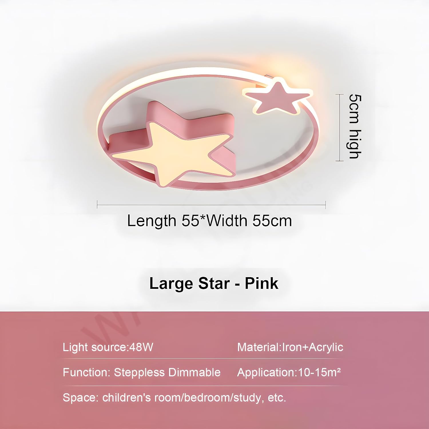 Rosa LED Deckenleuchte | Moderne Runde Kinderlampe | Sterne Sternenhimmel Kinderlicht | Ø55cm 48W | Dimmbar Mit Fernbedienung 2700K-6500K | Kinderzimmer Jungen Mädchen Deckenleuchte Schlafzimmer