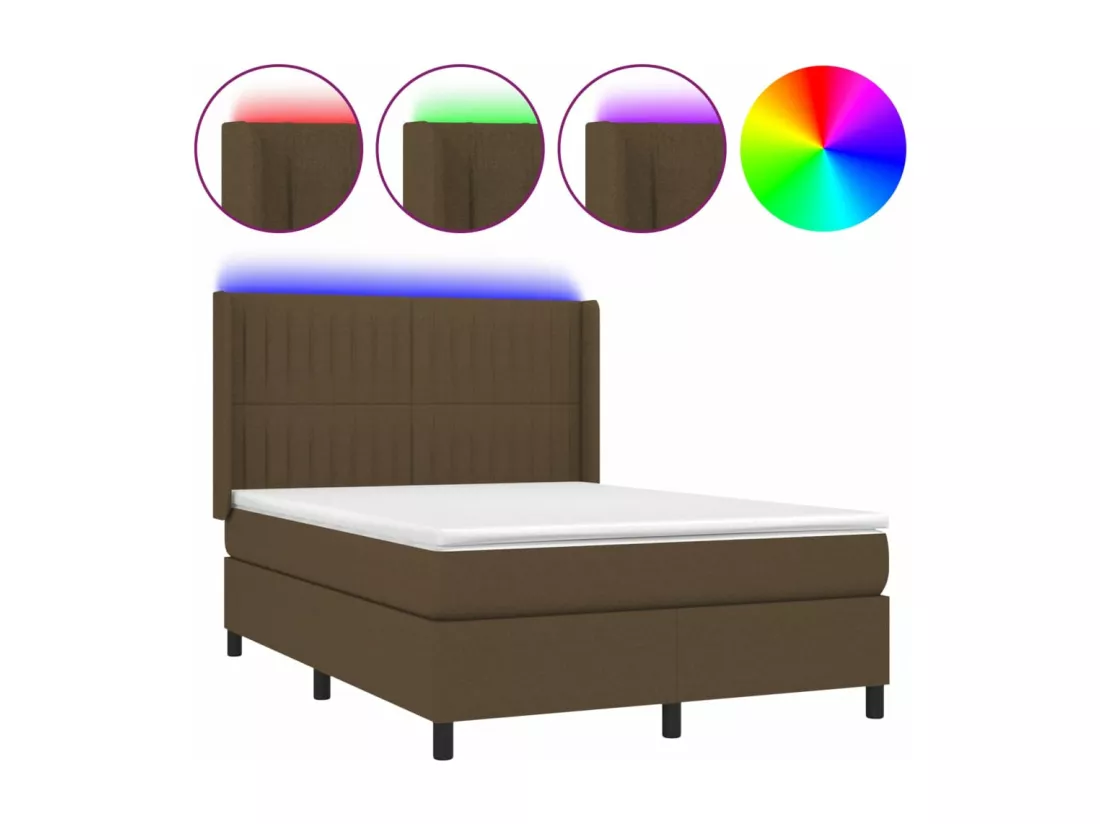Sommier tapissier matelas et LED Marron foncé 140x190 cm Tissu