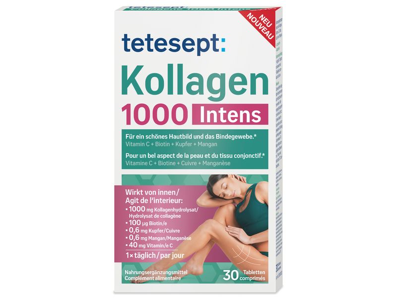 tetesept tetesept Kollagen 1000 Intens 30 Tabletten Nahrungsergänzungsmittel mit Kollagen, Vitamin C, Biotin, Kupfer und Mangan