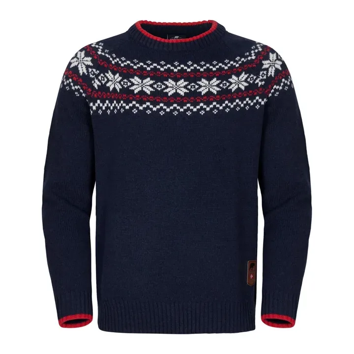 Gridarmor Men's Snøkrystall Round Neck Ullgenser Navy/White/Red