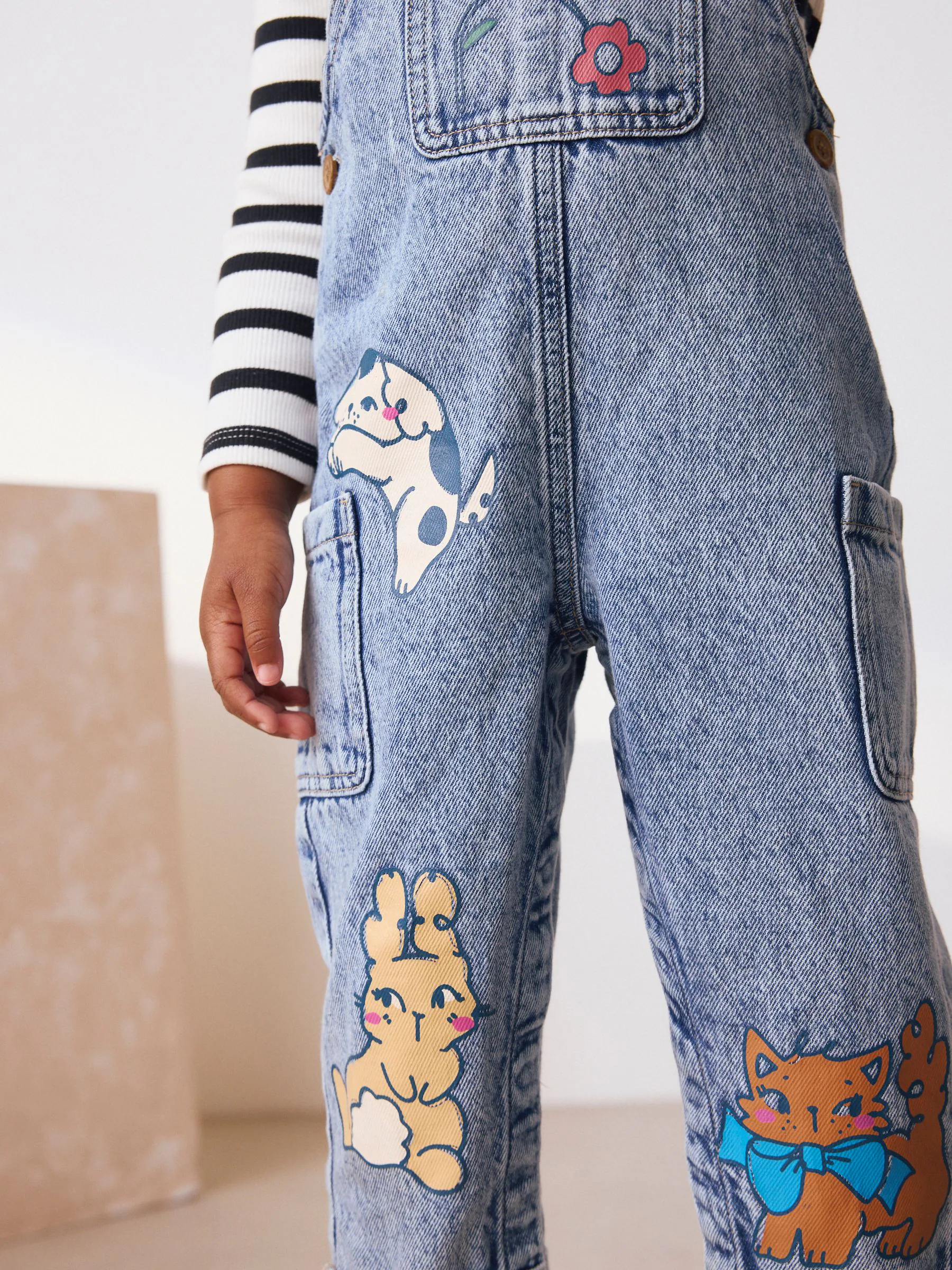 Middenblauw denim - Set van tuinbroek met dierenprint en gestreept T-shirt (3mnd-7jr)