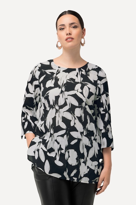 Bluse, Blätter, A-Linie, Rundhals, 3/4-Arm