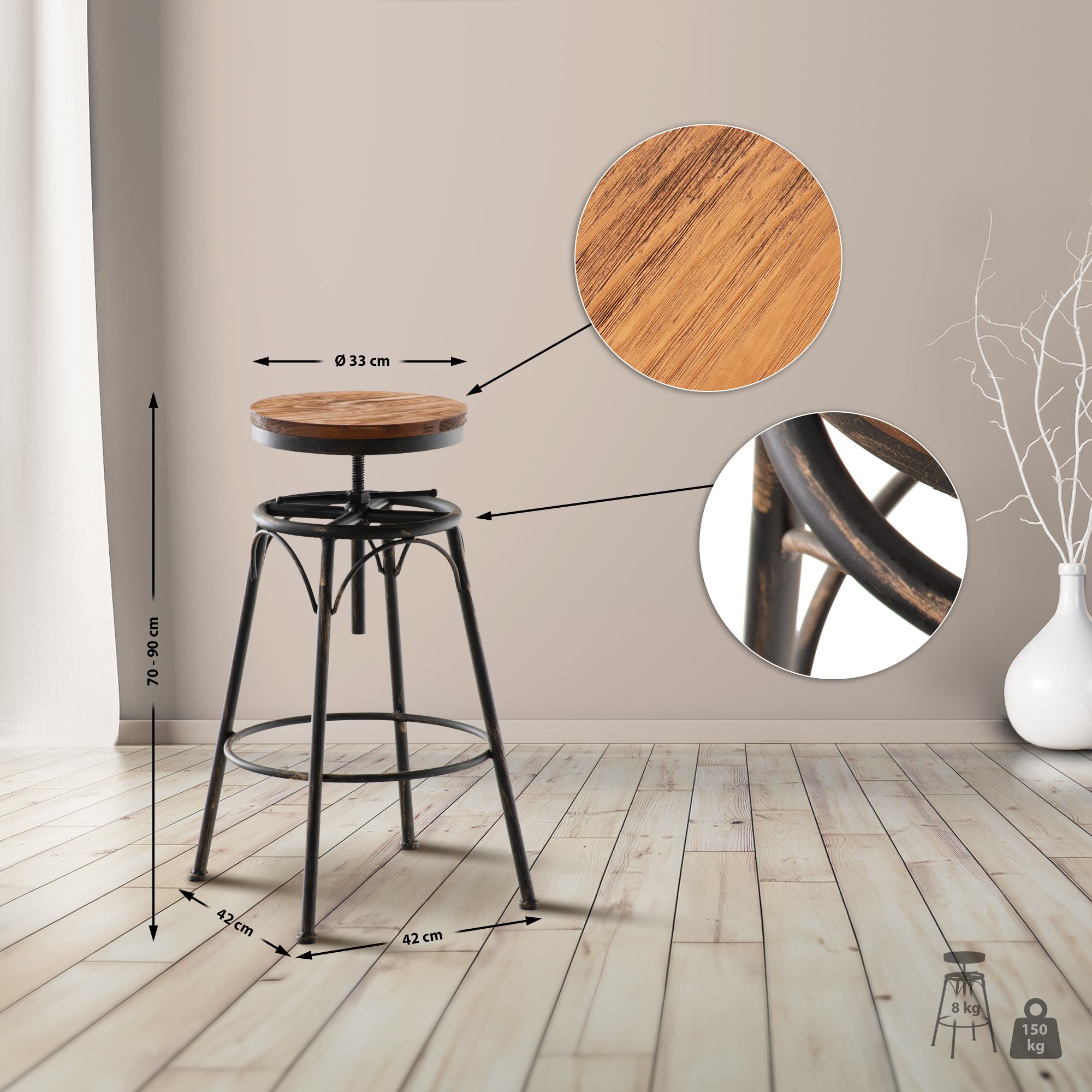 CLP 2er-Set Barhocker Beam Mit Holzsitz Und Metallgestell I Sitzhocker mit runder Sitzfläche I Höhenverstellbar Drehbar