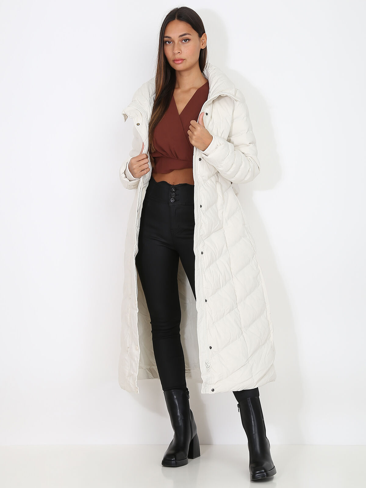 Doudoune longue ceinturée à capuche- Beige