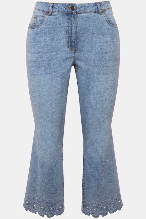 7/8-Jeans, Flared Fit, Lochstickerei, Zierperlen am Schlagsaum, 5-Pocket