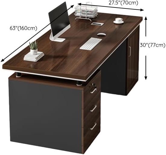 Büroschreibtisch, modern, Computertisch, braunes Holz, mit schwarzem Schlittenfuß, abschließbarer Schublade und Schrank, Wohnmöbel – ohne Stühle, 160 cm L x 69,9 cm B x 77,2 cm H