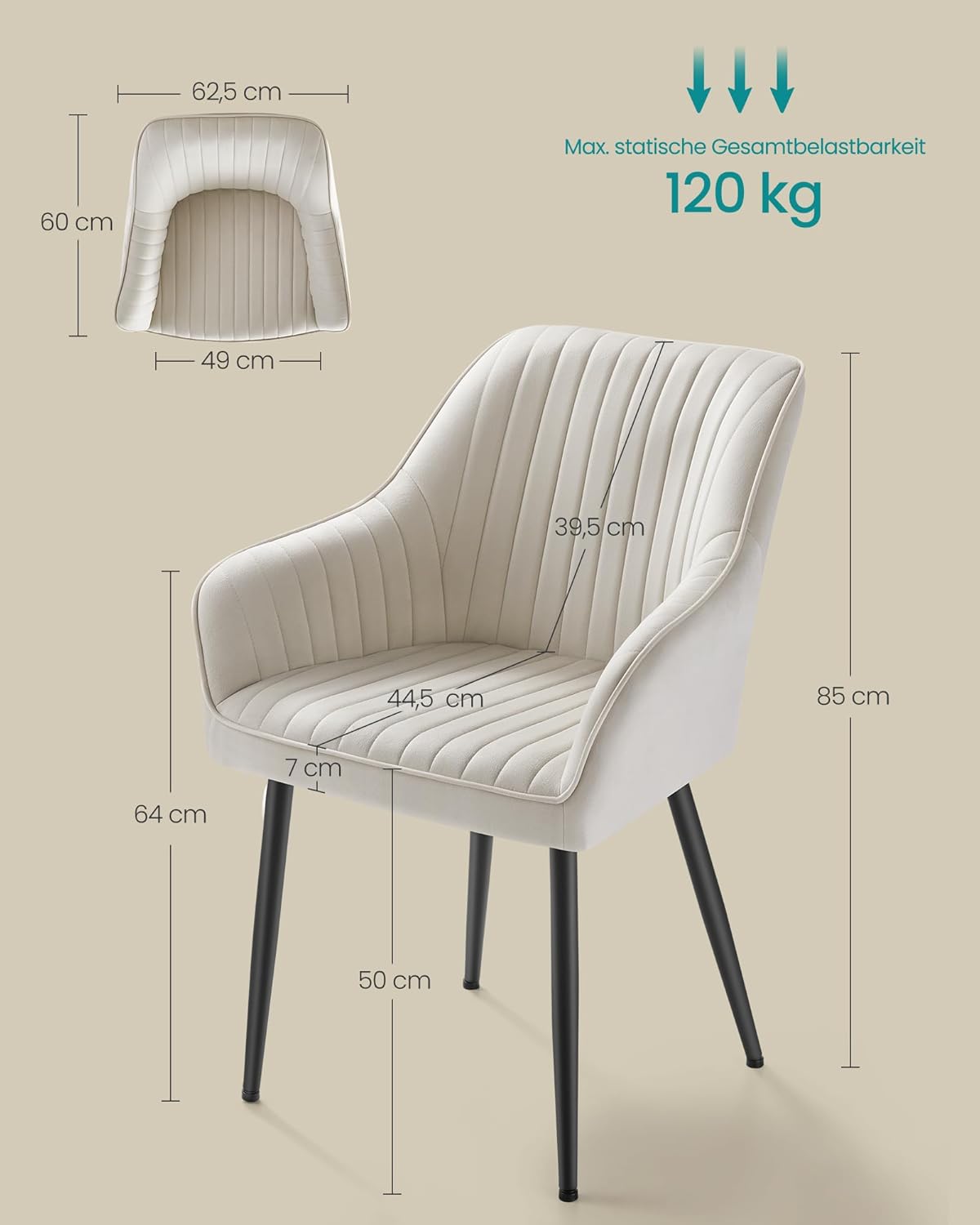 SONGMICS Esszimmerstuhl 6er Set, Küchenstuhl, Sessel, Samt, Polsterstuhl mit Armlehnen, Loungesessel, bis 120 kg belastbar, Metallbeine, für Esszimmer, Küche, cappuccinobeige LDC087W16