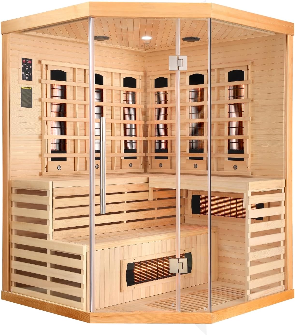 SANOTECHNIK Infrarotkabine Deluxe – Infrarotsauna für 3–4 Personen 150×150×200cm | 8 Vollspektrum-Strahler + 1 Carbon-Platte (2580W), LED-Farblicht, Bluetooth-MP3 – Art.Nr.: J21150