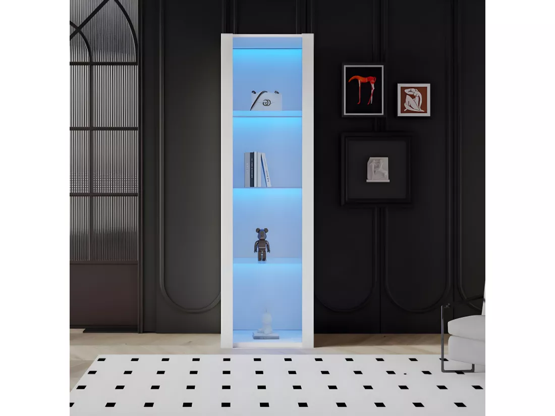 Vitrine blanc laqué brillant avec éclairage LED, 3 étagères en verre, 55*38*166 cm