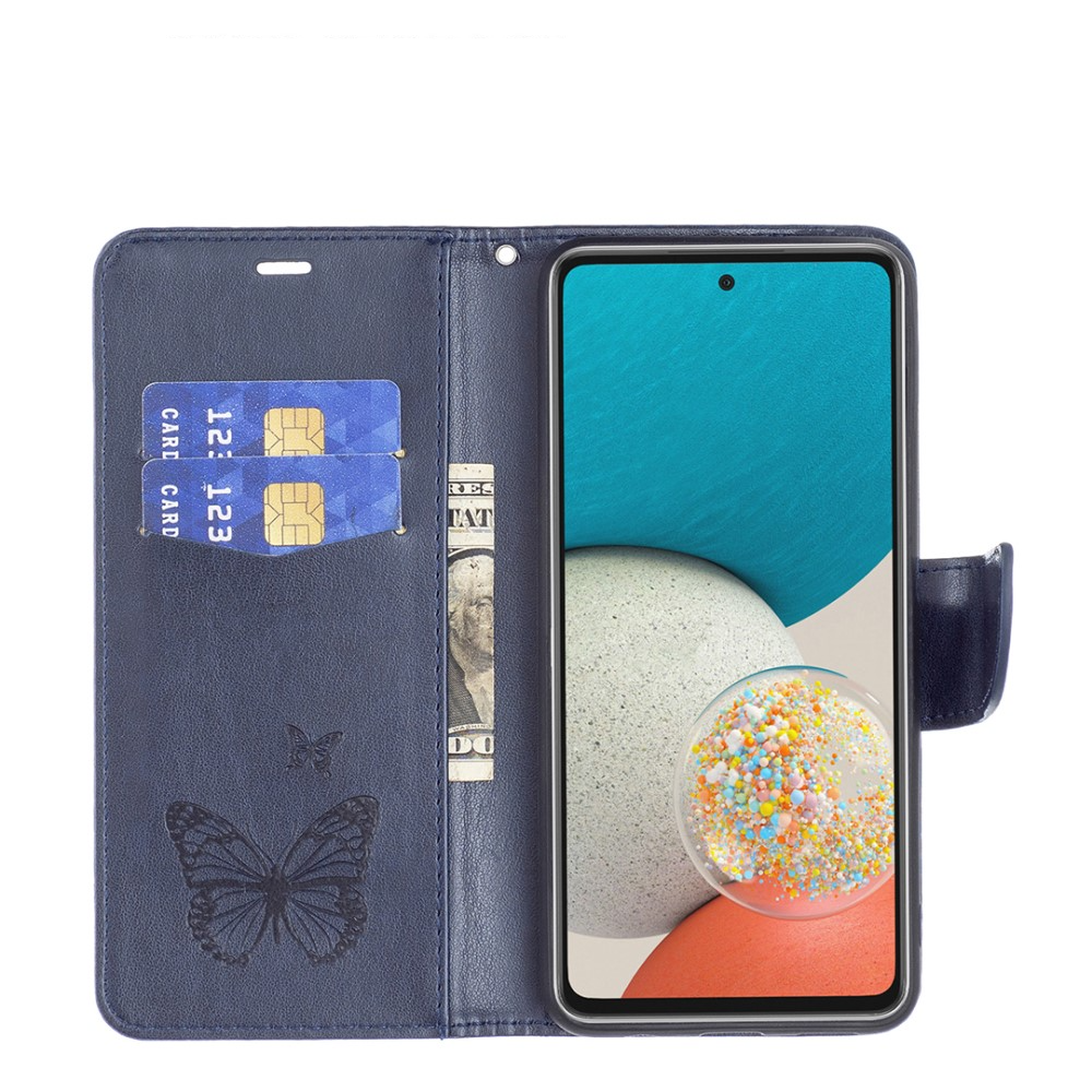 Samsung Galaxy A53 5G Leder Tasche mit Kartenfach   Handschlaufe Schmetterling - Dunkelblau