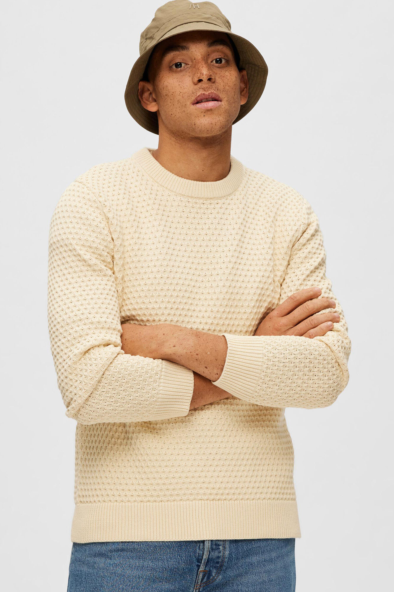 Suéter masculino de algodão orgânico com gola redonda - Branco