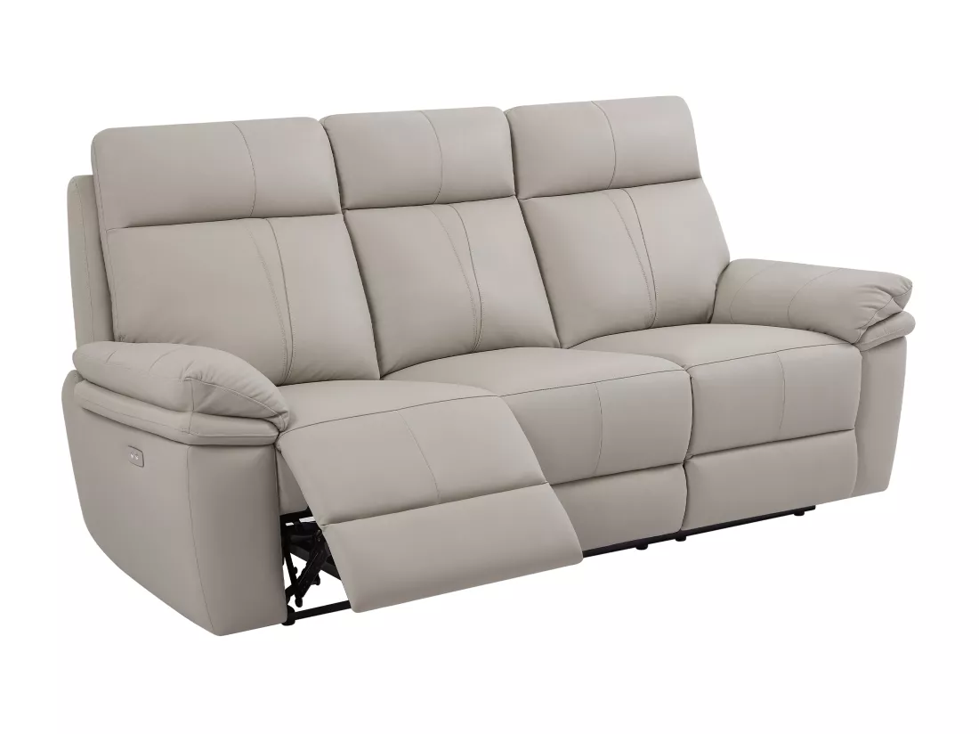 Canapé 3 places et fauteuil relax électrique en cuir gris clair MESOLA