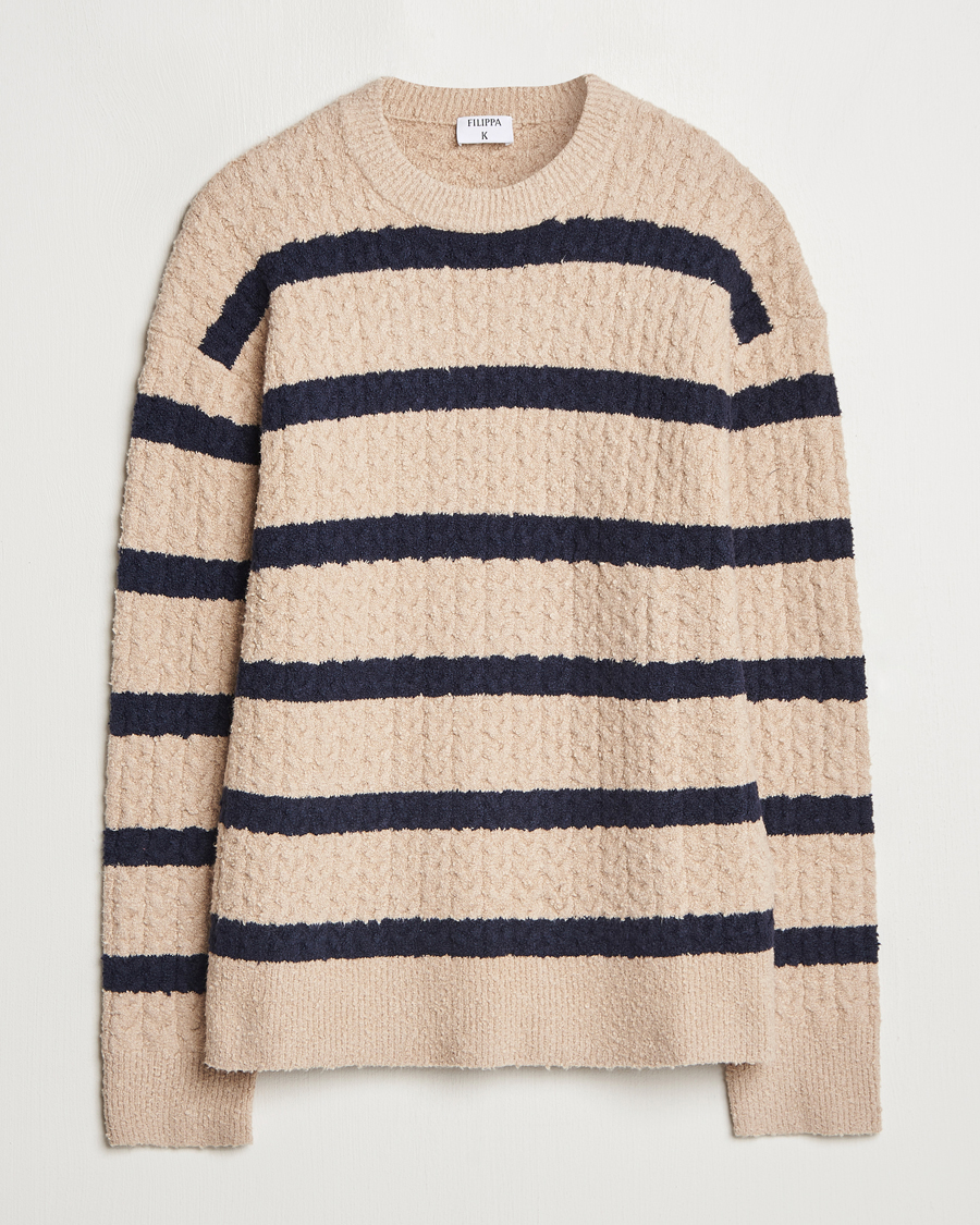 Filippa K Bouclé Knitted Striped Sweater Light Khaki/Navy