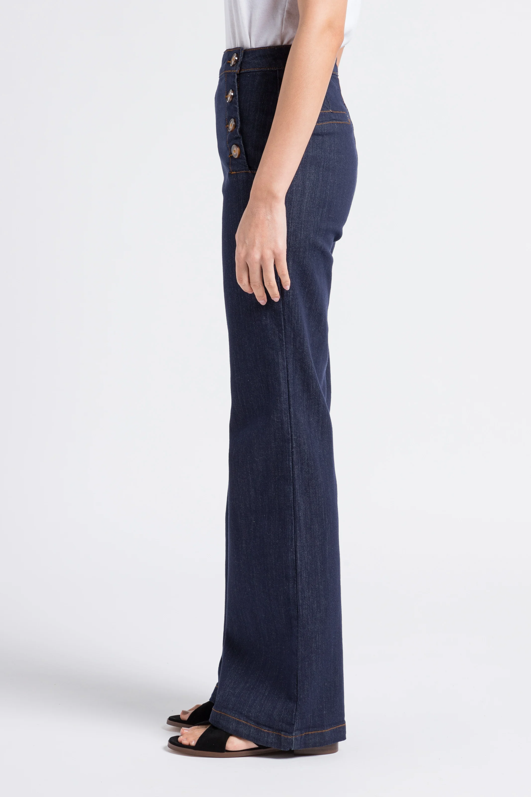 PAULIE - Jean droit taille haute boutonné en coton mélangé | Bleu