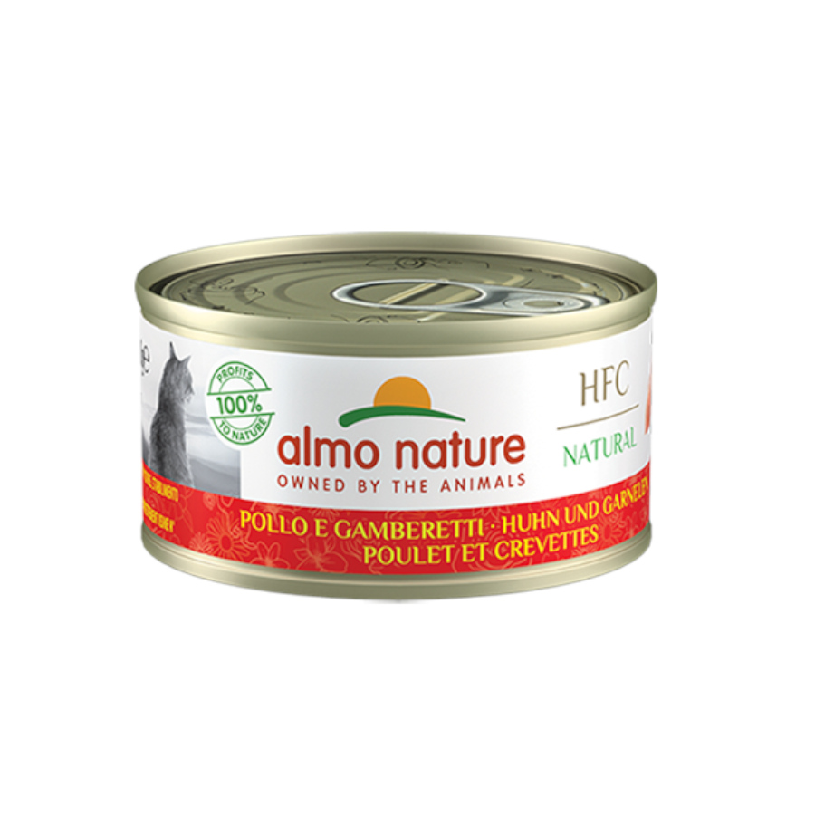 Almo Nature HFC, lata de 70g com sabor de frango e camarão para gatos.