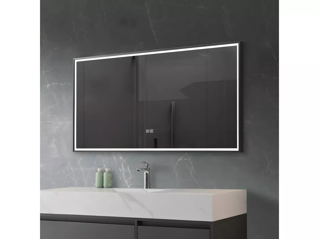 LuxuryBain- Miroir de salle de bain LED anti buée avec cadre en aliminium noir - 90x60cm LB-126080