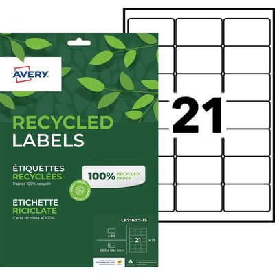 Avery - 315 Étiquettes recyclées blanches - 63,5 x 38,1 mm - Impression laser ou jet d'encre - réf LR7160-15
