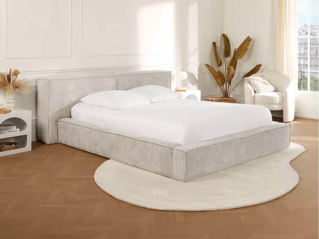 Lit coffre 140 x 190 cm - Velours côtelé - Beige + Matelas - TIMANO de Pascal Morabito