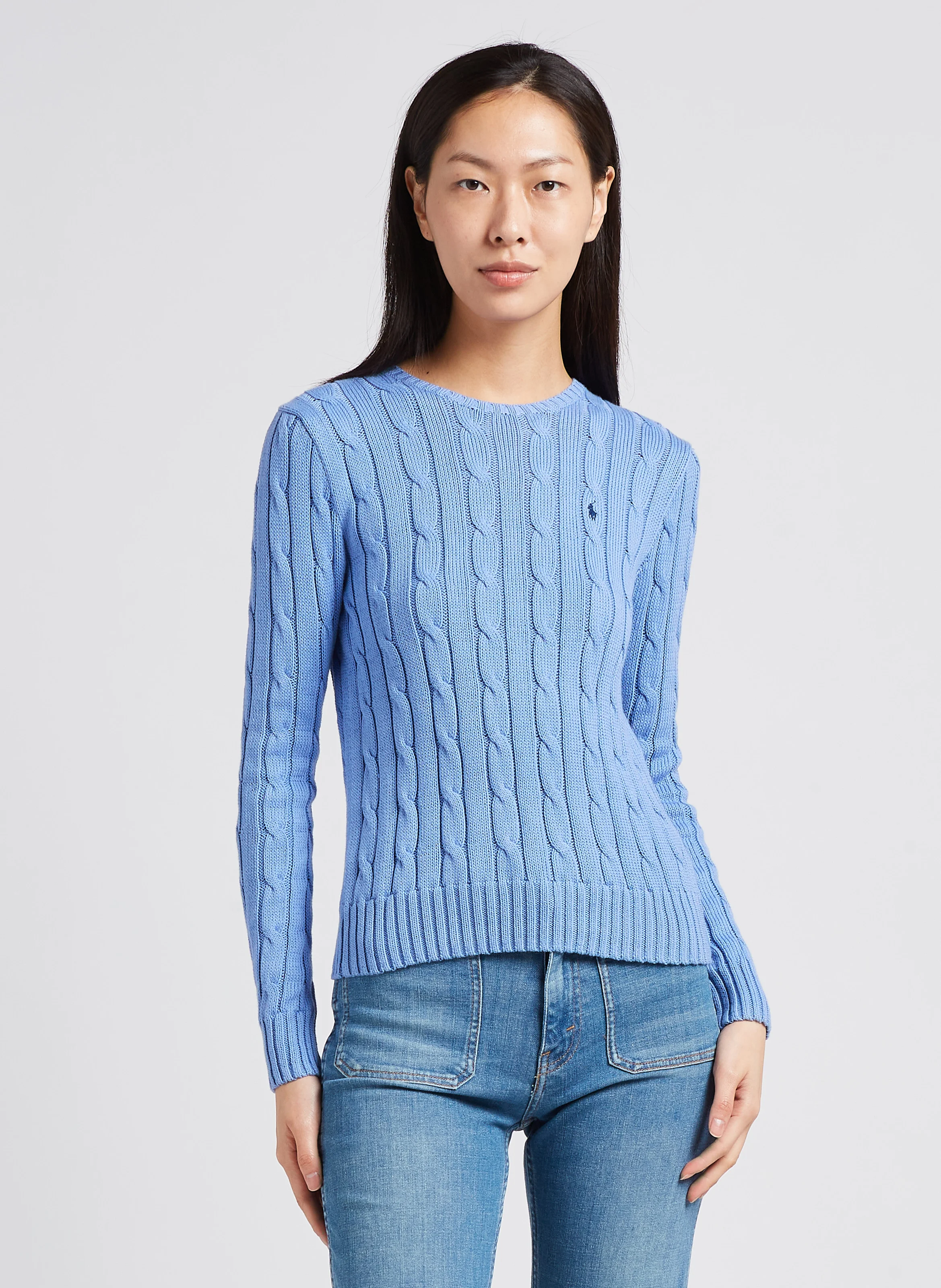 Pull col rond brodé en coton | Bleu