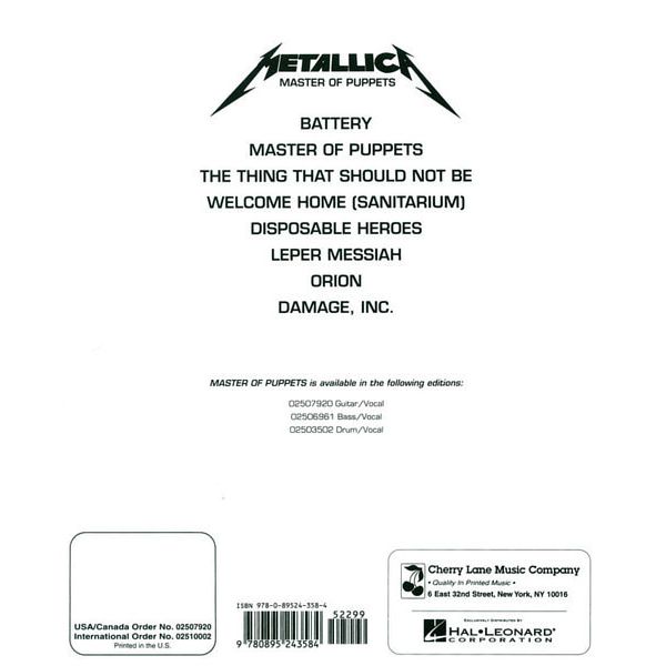 Cherry Lane Music Company Metallica Master Of Puppets