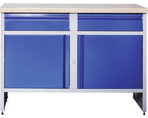 Industriële A 1.0 werkbank, 1180 x 880 x 700 mm, 2 deuren, 2 laden, grijs/blauw