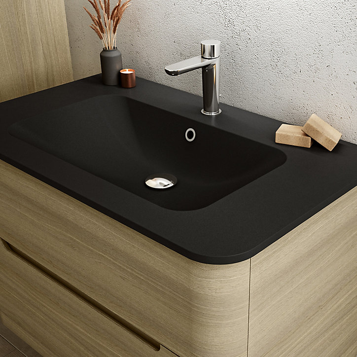 Ensemble salle de bains L. 84 cm meuble sous vasque décor chêne clair + plan vasque noir mat Alba