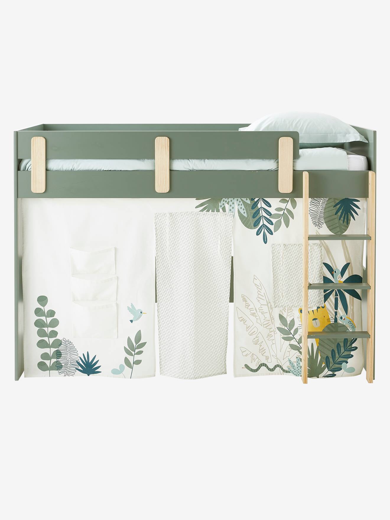 Tenda de cama reversível Jungle Imaginaire, branca lisa com estampas.