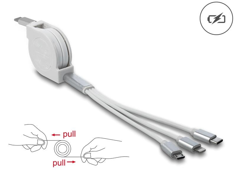 Delock USB-Ladekabel USB C - Lightning/Micro-USB B/USB C 0. Delock USB Type-C 3 in 1 Aufrollladekabel für Lightning / Micro USB / USB Type-C weiss