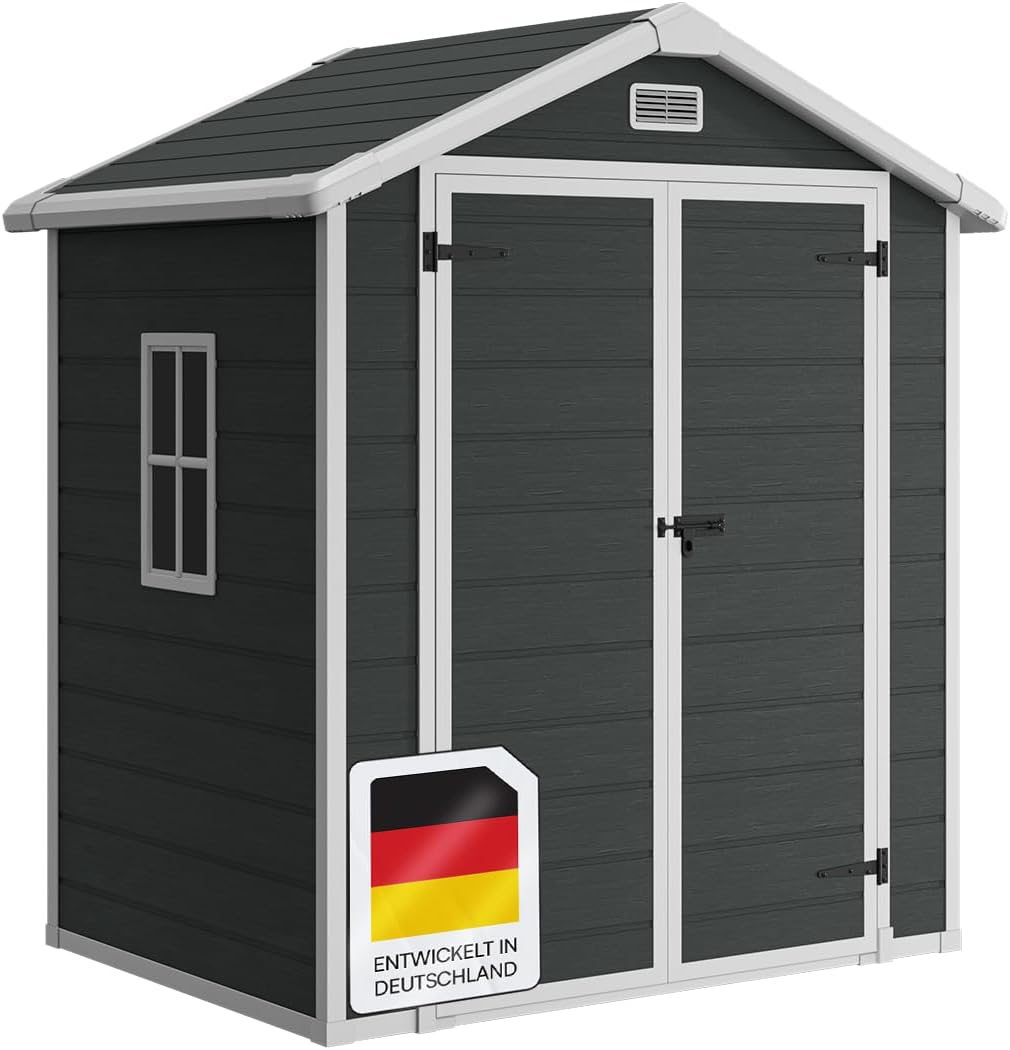 STEELSØN Novara Gerätehaus – Gartenschuppen mit Satteldach & Fenster – Gartenhaus 210x134x182 cm (HxTxB) – Geräteschuppen aus Kunststoff in Anthrazit – Gartenhütte wetterfest & rostfrei – Schuppen