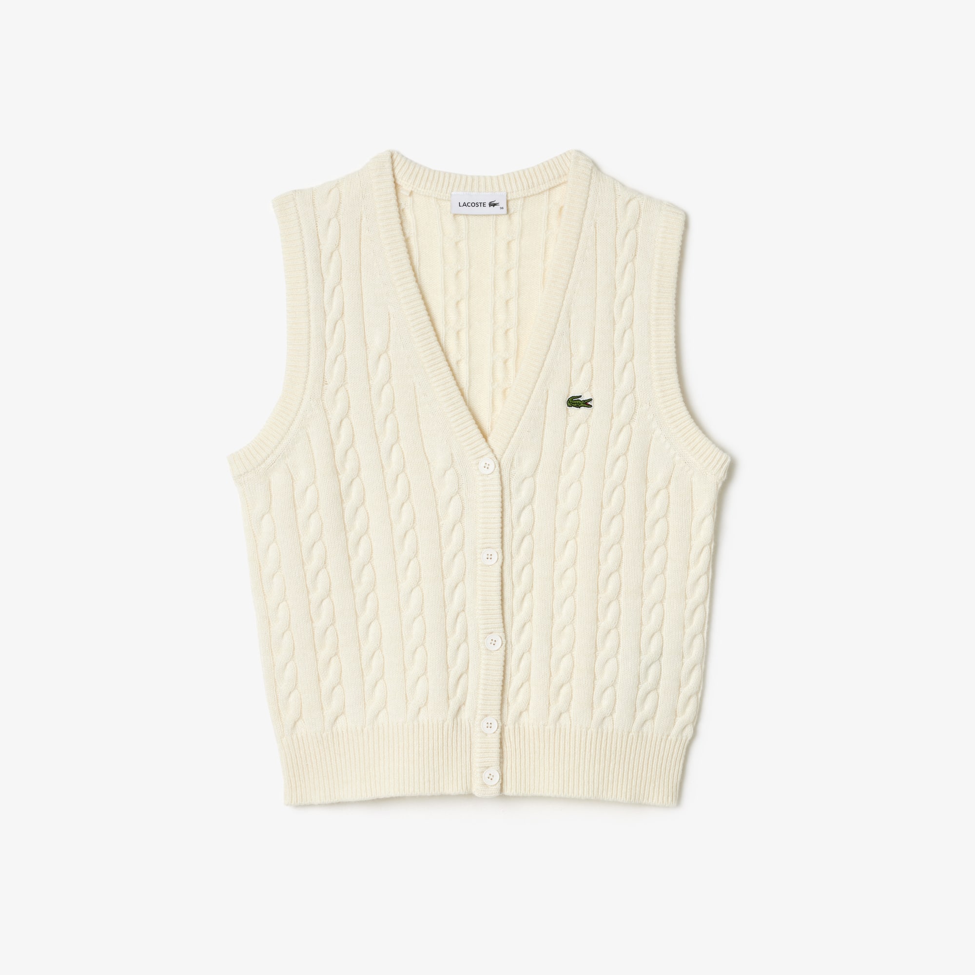 Cardigan sans manche à torsades en coton et laine Pullovers - Blanc - Lacoste - Femme