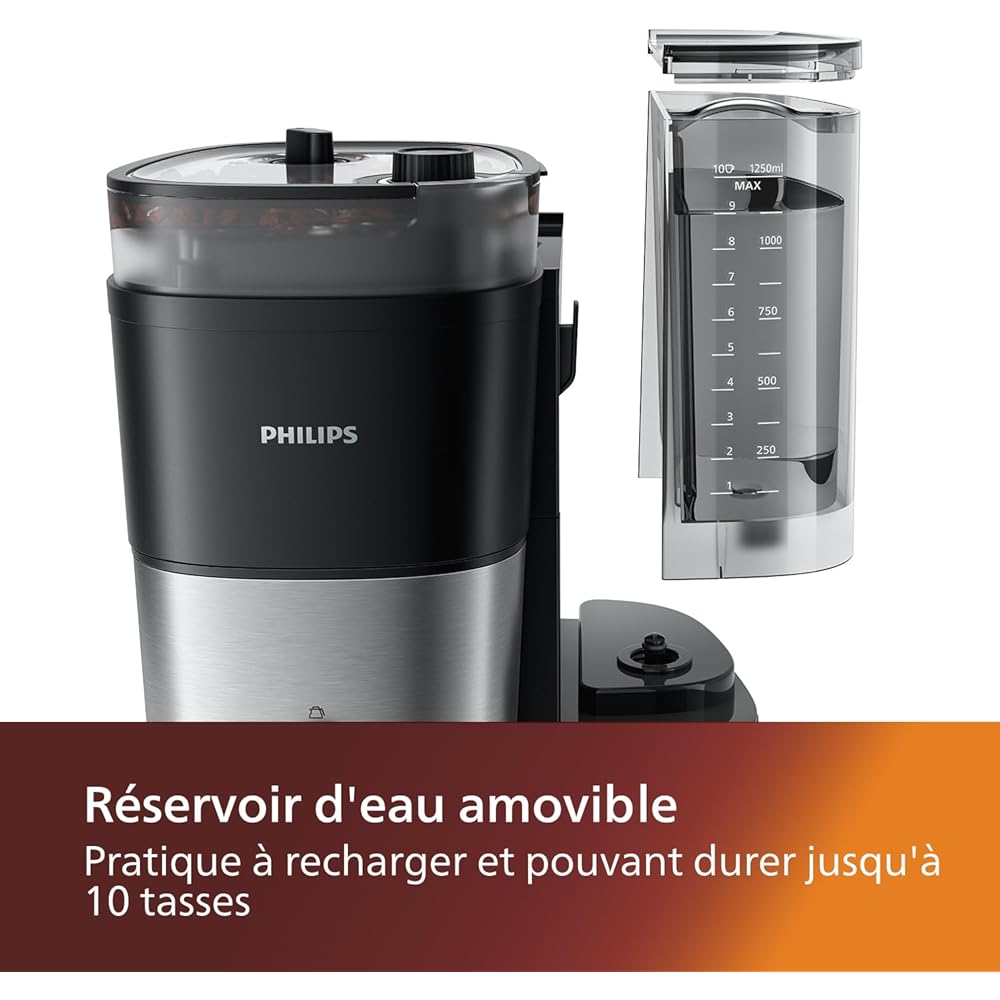 Philips Cafetière Filtre Tout-en-1 - Broyeur Conique Intégré pour des Grains Frais - Préparez dans un Pichet en Verre de 1,25 l ou Directement dans une Tasse : Cuisine et Maison