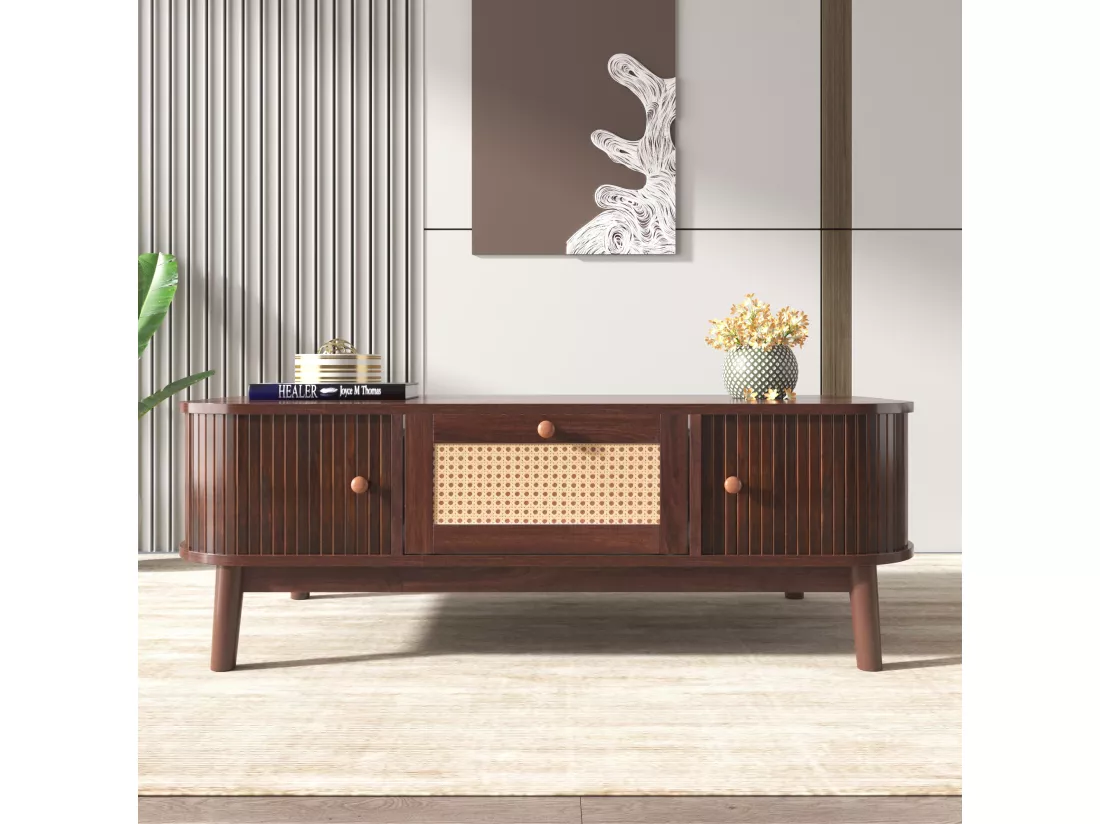 Table basse rustique en rotin, natural,d110cm×h38.5cm