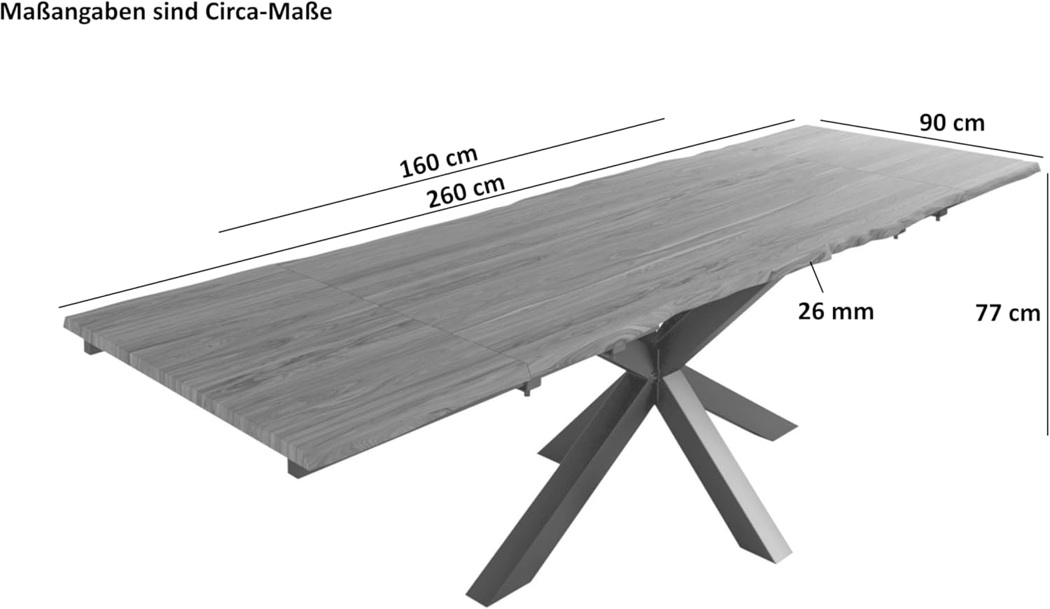 SAM Baumkantentisch 160 (260) x 90 cm Jannik, Akazienholz massiv & stonefarben, Esstisch inkl. 2 Ansteckplatten 50 x 90 cm, echte Baumkante, Spider-Metallgestell in Schwarz