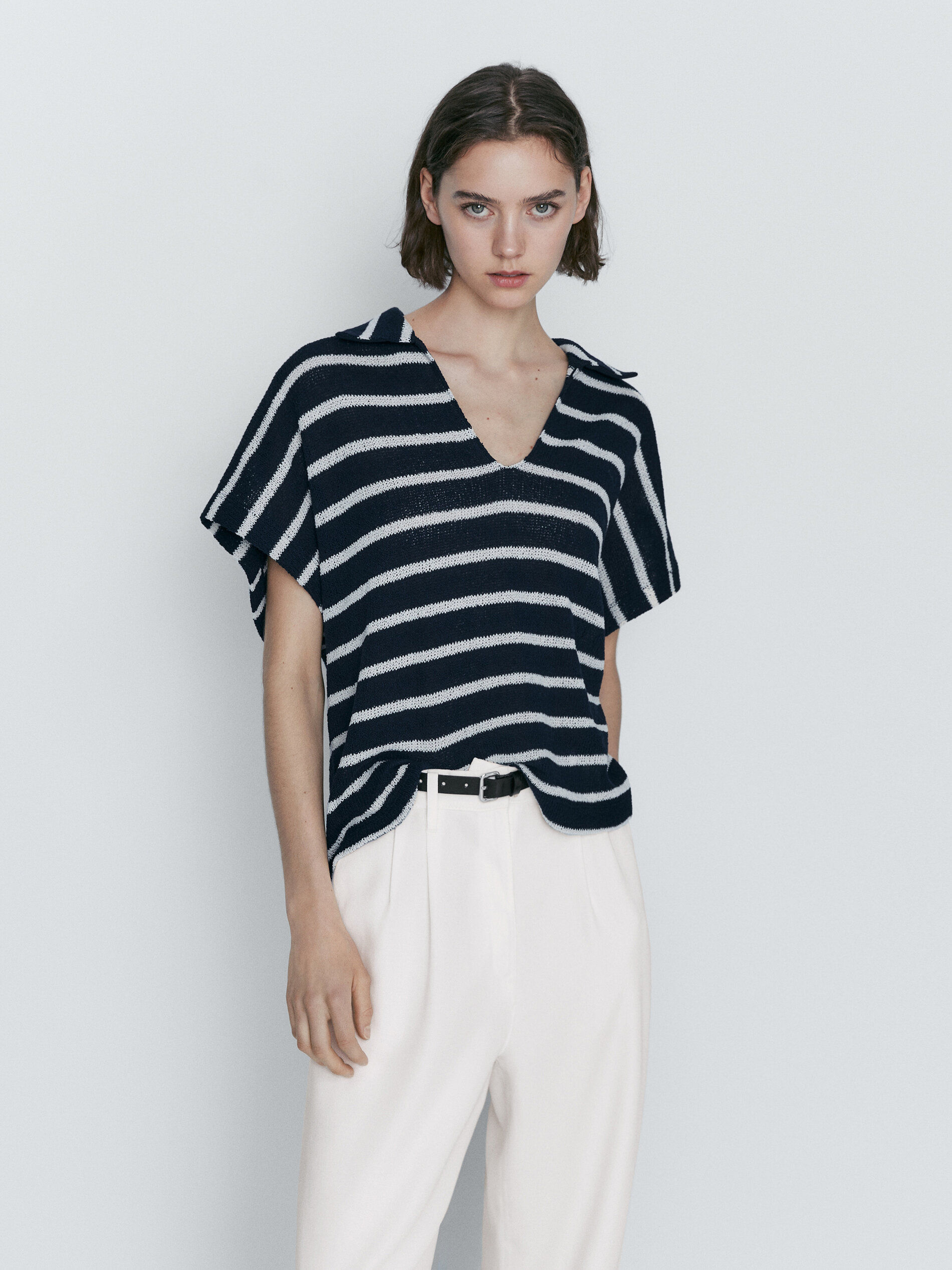 Camisa polo listrada, mistura de algodão, texturizada - AZUL MARINHO