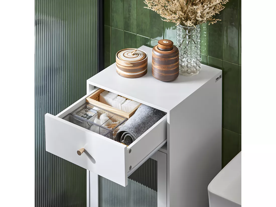SoBuy BZR116-W Armoire à Linge Meuble Bas de Salle de Bain sur Pieds Meuble Salle de Bain avec 1 tiroir, 1 Porte en Verre et 1 Panier à Linge Amovible