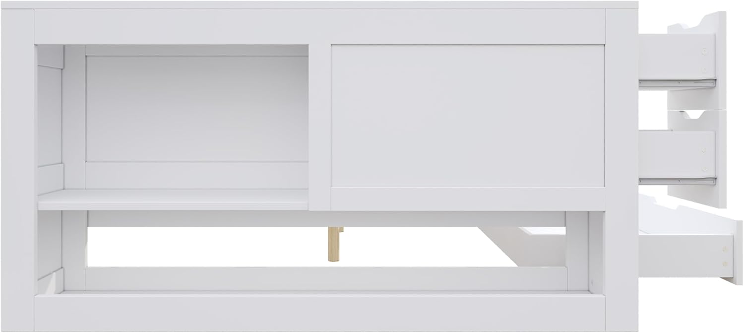Kinderbett 140x200 cm, Doppelbett mit Regalen und Stauschrank, Stauraumbett mit Schubladen, Bettkasten mit Nachttischen, für Erwachsene und Jugendliche, Weiß, ohne Matratze