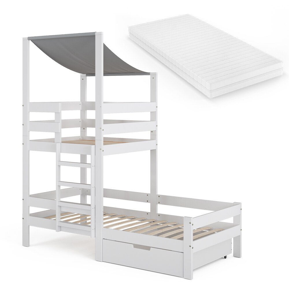 VitaliSpa Spielturmbett Kinderbett Spielbett Tom Weiß modern 204x218 cm Massivholz Kinderzimmer Lattenrost Bettleiter Bett Schublade Matratze Abenteuerbett Kletterbett
