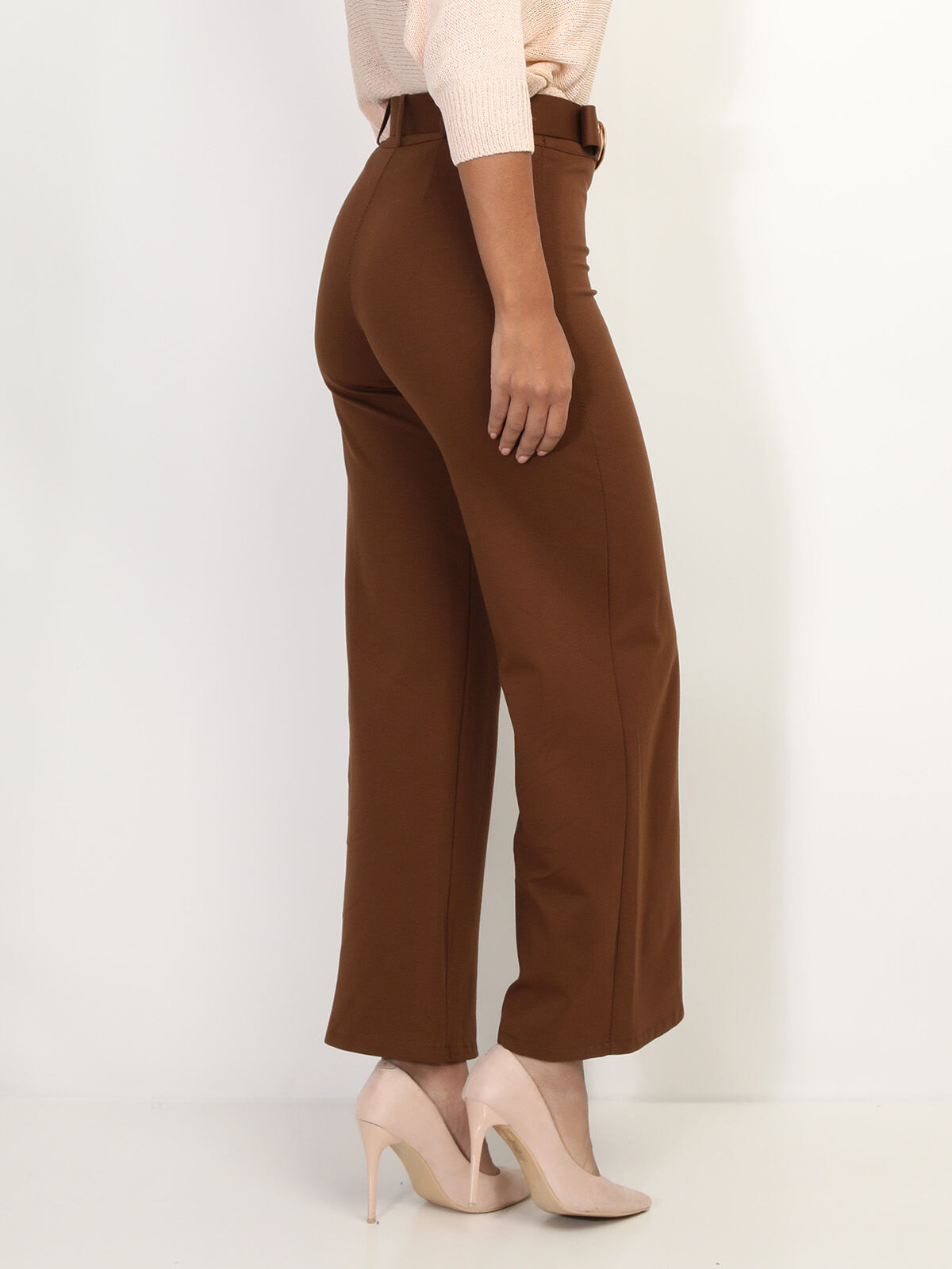Pantalon évasé avec ceinture- Marron