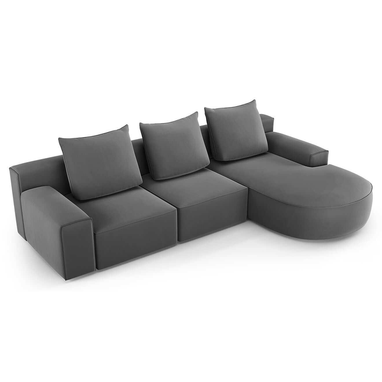 Mazzini Sofas Canapé d'angle droit arrondi en velours Ivy 5 Places gris foncé - 285x180x89 cm