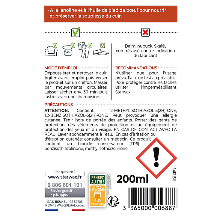 Cire nourrissante cuir Starwax incolore 230ml